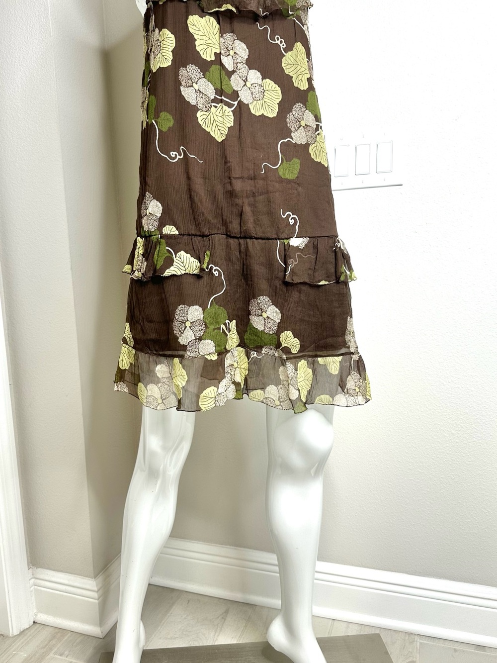 Silk Crinkle Floral Slip Dress Ruffle Boho Gatsby Inspired Brown Green Sz S Vtg